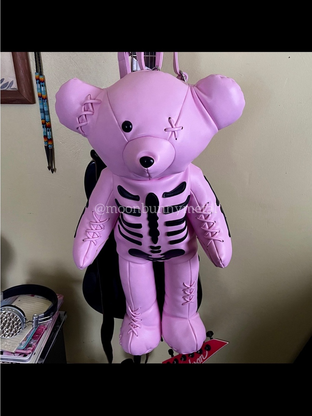 Rare!! Dolls Kill Current Mood Pink Skeleton Bear Backpack Bag Purse Goth Punk - Picture 3 of 9
